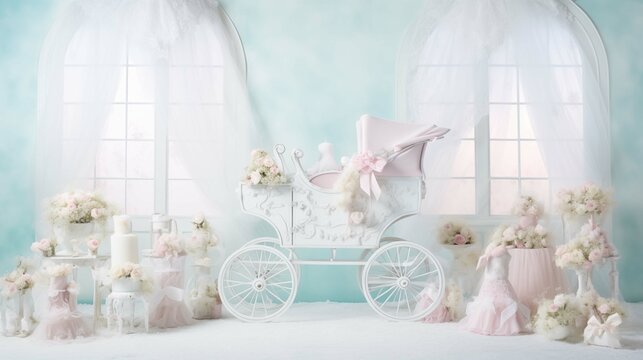 Whimsical baby celebration space image background. Classic pram filled with blooms photography wallpaper. Airy balloons, tender floral picture scene photorealistic. Babyhood concept photo