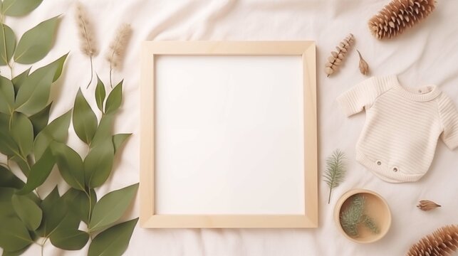 Wooden frame mock up with green leaves backdrop. Soft fabric background. Cozy baby elements pictureframe mockup with blank space. Babyhood concept composition top view, border picture