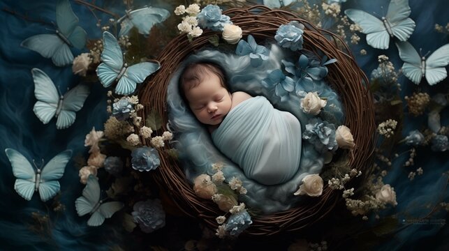 Peaceful newborn asleep in wicker nest image background. Baby surrounded by butterflies roses photography. Mystical blue picture scene photorealistic. Bedtime babyhood concept photo