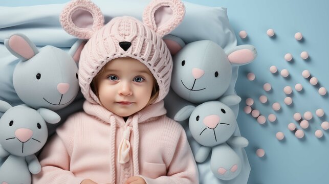 Young child in pink knitted bunny hat portrait image. Little girl among plush rabbit toys photography. Warm wear cozy closeup picture photorealistic. Babyhood concept photo realistic