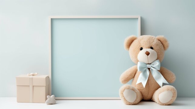 Plush bear with bow tie next to picture frame mockup. Gift box, cute toy. Blank framework, advertising mock up. Babyhood concept composition front view, showcase interior copy space