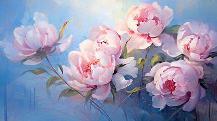 Pink peony flowers on abstract blue background wall