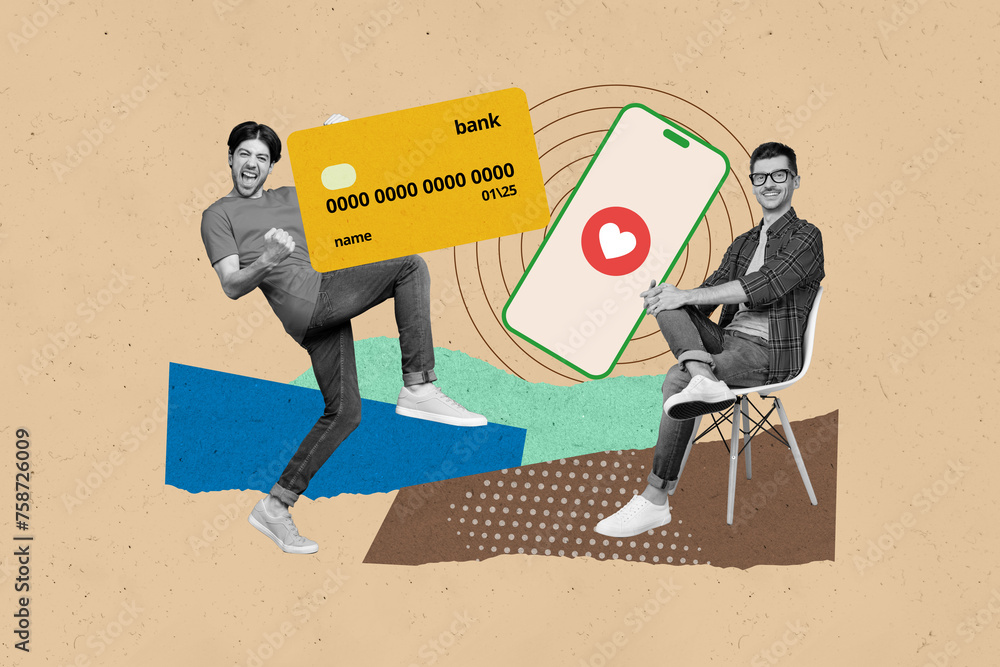 Poster collage artwork image of two people successful workers using modern technology wireless payment shop