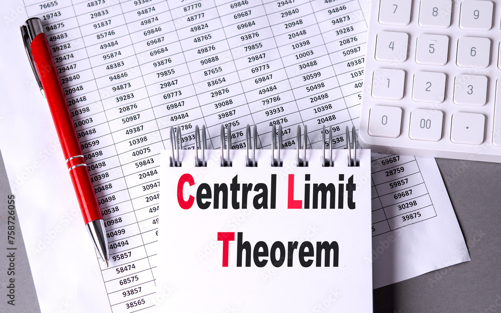 Aufkleber central limit theorem text on notebook with chart , pen and calculator