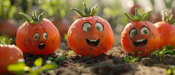 Animated Tomatoes with Faces in Garden