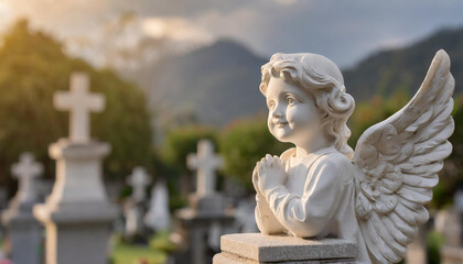 Fototapeta premium Cherub angel statue in cemetery. Prayerful guardian angel.
