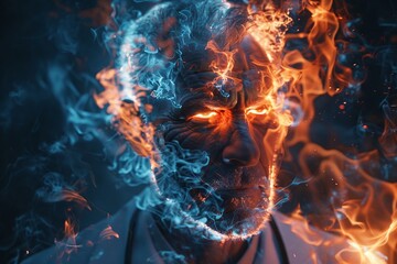 3D ultra HD closeup of a doctor head enveloped in flames and blue smoke - obrazy, fototapety, plakaty