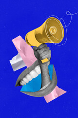 Collage picture comics zine of human arm hold bullhorn announce proclaim news isolated on drawing background