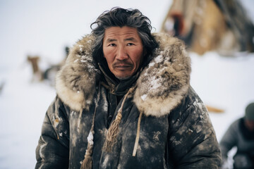 Inuit hunter in fur attire with snowy background - obrazy, fototapety, plakaty