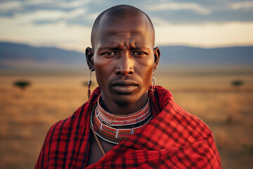 Portrait of serious Masai man in traditional attire outdoors - obrazy, fototapety, plakaty