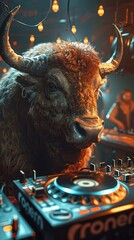 Buffalo in DJ booth dancing - obrazy, fototapety, plakaty