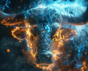 Hyperrealistic Taurus head engulfed in flames and mystical blue smoke