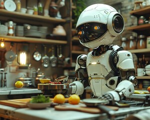 In a futuristic kitchen a robot with a warm smile cooks