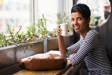 Coffee, smile and portrait of woman in cafe for morning with positive, good and confident attitude....