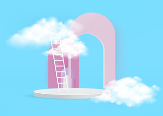 Studio room concept white cylinder podium ladder and cloud platforms for cosmetic product presentation. vector 3d illustration with geometric shapes.  minimal design