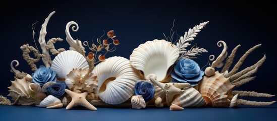 Decorative sea-themed arrangement with seashells on dark blue fabric.