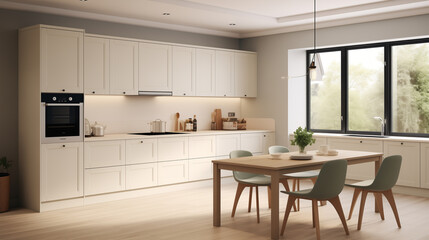 Modern Spacious Kitchen Interior with a Minimalist Design, Large Windows, and Wooden Furniture