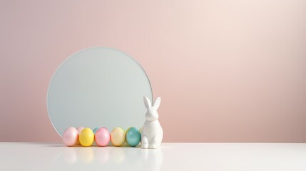 Pastel Easter eggs with white rabbit figurine and mirror on table
