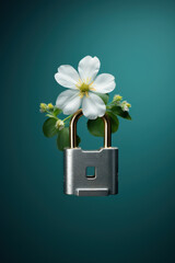 Silver padlock with white bloom symbolizing pure protection