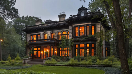 Elegant Victorian house illuminated at dusk with lush greenery. - obrazy, fototapety, plakaty
