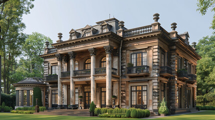 Naklejka premium Luxurious classic mansion exterior with lush greenery on a sunny day.