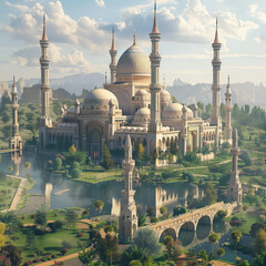 giant beautiful mosque in the middle of future city - obrazy, fototapety, plakaty