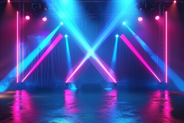 A big stage with neon lights and light beams on the backdrop wall background