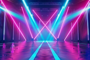 A big stage with neon lights and light beams on the backdrop wall background - obrazy, fototapety, plakaty