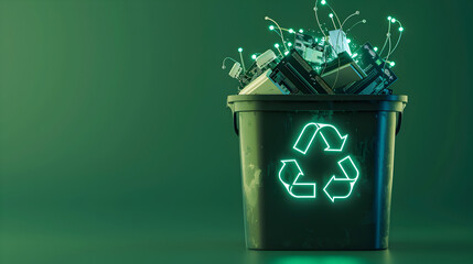 A semi - opaque recycling bin filled with electronic waste, overlaid with glowing eco - tech icons, against a light green background.