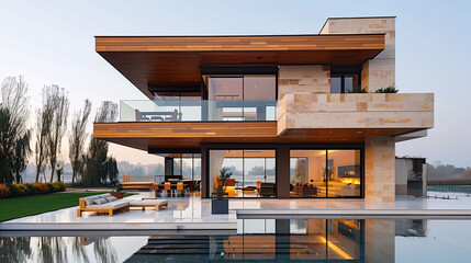 Modern luxury house with large windows, infinity pool, and waterfront view at dusk. - obrazy, fototapety, plakaty