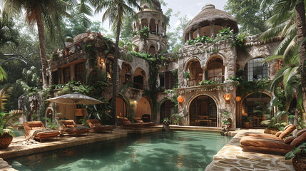 Luxurious jungle resort with a tranquil pool surrounded by lush greenery and exotic architecture. - obrazy, fototapety, plakaty