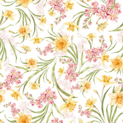Fototapeta na wymiar Beautiful watercolor seamless pattern with spring flowers