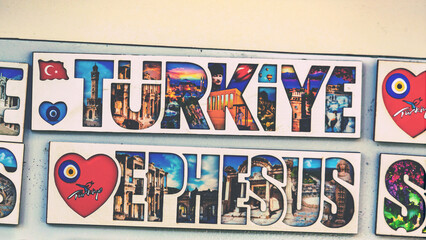 Magnets spelling 'Turkey Ephesus' with iconic images, capturing Turkey's vibrant culture and...