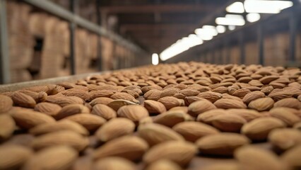 Almonds on factory conveyor belt