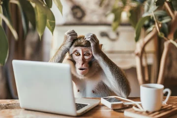 Fototapete Rund The monkey is sitting at a table with a laptop and a cup of coffee. The monkey looks confused or surprised because of the information on the laptop. The concept of curiosity and intrigue © BetterPhoto
