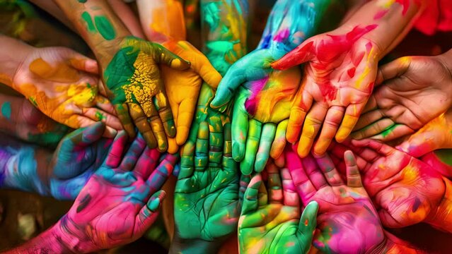 Hands covered in colorful powders at Holi, the Hindu festival of colors 