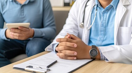 Fototapeta premium A doctor is sitting at a desk with a patient