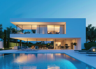 3D rendering of a modern white villa with a swimming pool at night