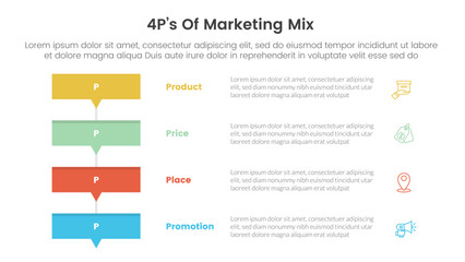 marketing mix 4ps strategy infographic with rectangle box stack with small arrow bottom with 4 points for slide presentation