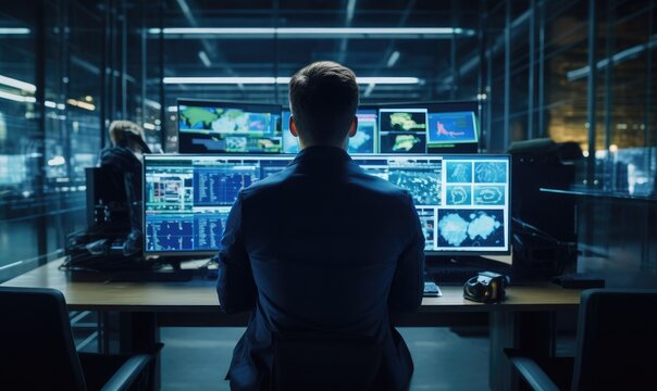 a cybersecurity analyst conducting a digital forensic investigation, back view