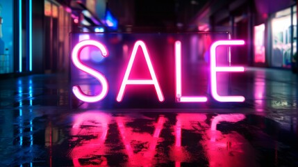 neon sign with text "SALE" on the street, pink and blue neon lights, city night scene during rainy weath