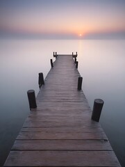Obraz premium A wooden pier at misty dawn in a still sea