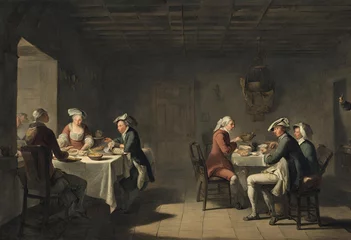 Meubelstickers Dim lit room with people eating at a table, 18th century © Mohsin