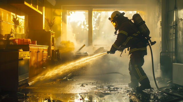 Action-shot of firefighter quenching house fire with water and extinguisher