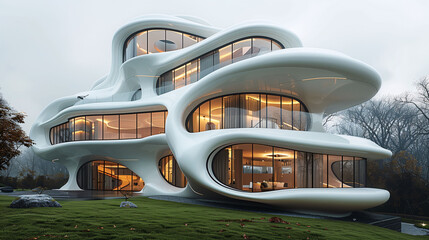 Modern futuristic architecture with organic shapes and illuminated windows at dusk. - obrazy, fototapety, plakaty