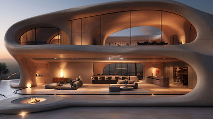 Modern luxury house with elegant curved design, illuminated interiors, and stylish furniture at dusk.