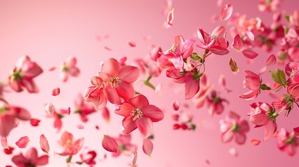 Fresh quince blossom, beautiful pink flowers falling in the air isolated on pink background. Zero gravity or levitation, spring flowers conception, high resolution image, generative ai.