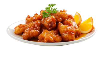 Orange Chicken on a plate isolated on transparent png background. Generative ai 