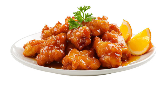 Orange Chicken on a plate isolated on transparent png background. Generative ai 