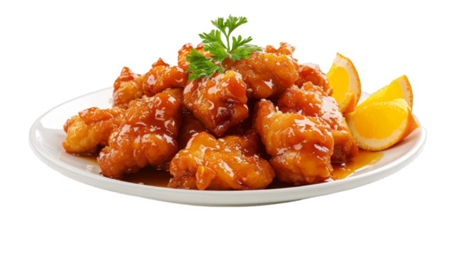 Orange Chicken on a plate isolated on transparent png background. Generative ai 